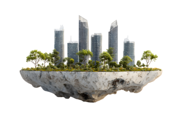 Futuristic city skyline on floating island with green trees, isolated on transparent background