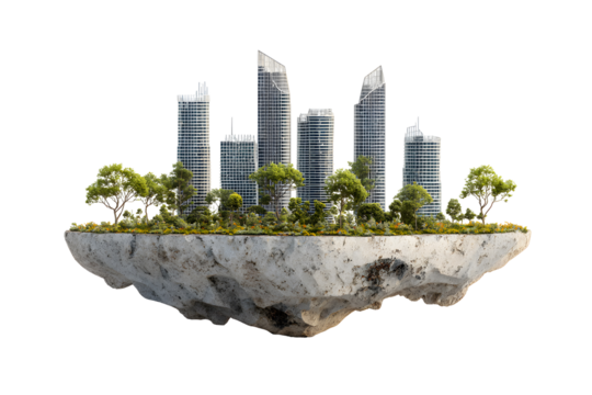 Futuristic city skyline on floating island with green trees, isolated on transparent background
