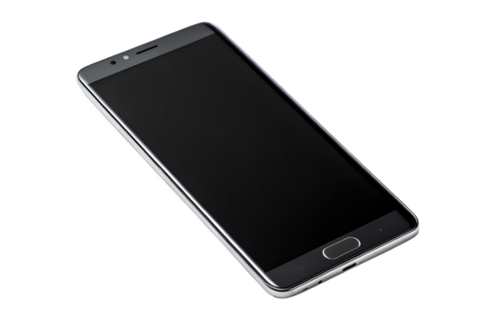 Smartphone top view with blank black screen isolated on transparent background perfect for technology design, mockup concept, and digital device art