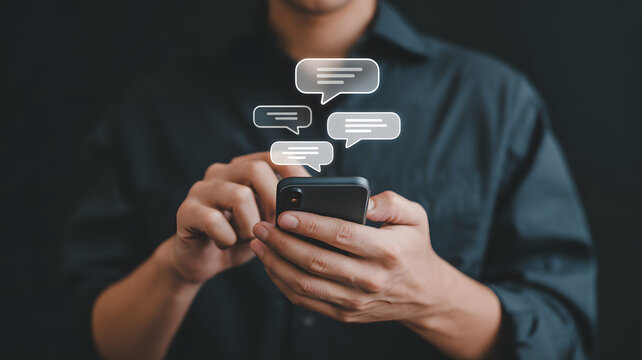 Person messaging on smartphone with digital speech bubbles appearing