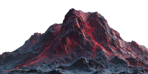 Erupting volcano with glowing red lava and smoky slopes, isolated on transparent background