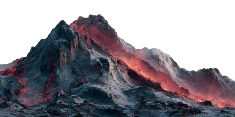 Erupting volcano with glowing red lava and smoky slopes, isolated on transparent background