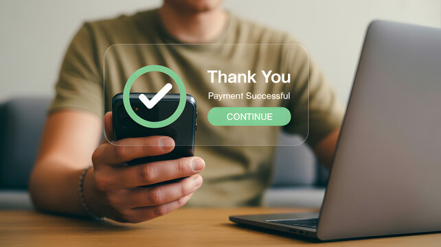 Man holds smartphone confirming successful online payment transaction, modern lifestyle