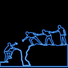 Group of people holding hands to help another climb up the mountain symbolizing teamwork and support icon neon glow vector illustration concept