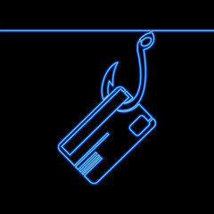 Credit card on fishing hook symbolizing online fraud and financial risk icon neon glow vector illustration concept