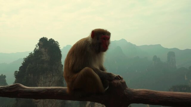 Monkey Perched on a Fence with the Dramatic Avatar Mountains Landscape in the Background