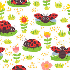 Seamless Pattern of Cute Pixel Art Ladybugs and Flowers on a White Background