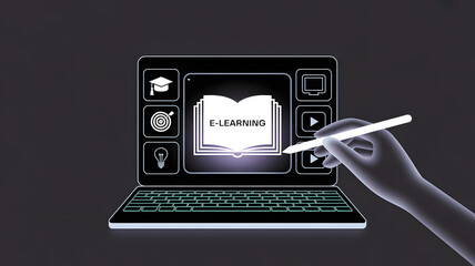 Modern digital learning experience with interactive e-learning platform and student engagement icons