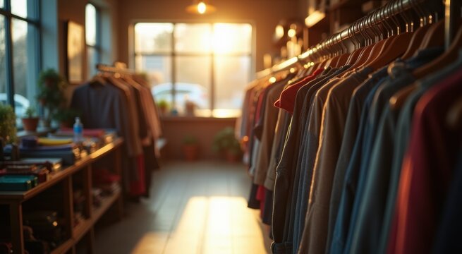 Second-hand shop interior with racks of clothes