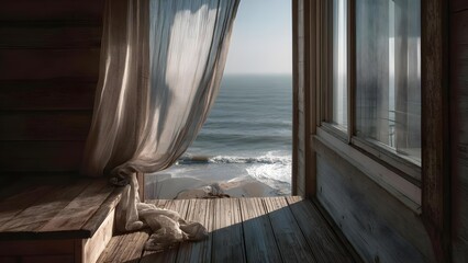 View from a weathered beach house: a wooden deck opens to the ocean through a fluttering sheer curtain. Concept Weathered Beach House, Ocean View, Wooden Deck, Fluttering Curtain, Seaside Calm