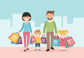 Obraz premium Family Shopping Together with Sale Bags in a Flat Vector Illustration.