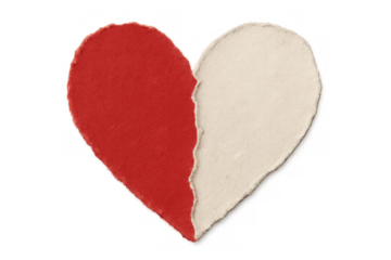 Torn paper heart with vivid red and cream halves, representing broken relationships, emotional pain, or separation. Transparent background