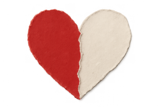 Torn paper heart with vivid red and cream halves, representing broken relationships, emotional pain, or separation. Transparent background