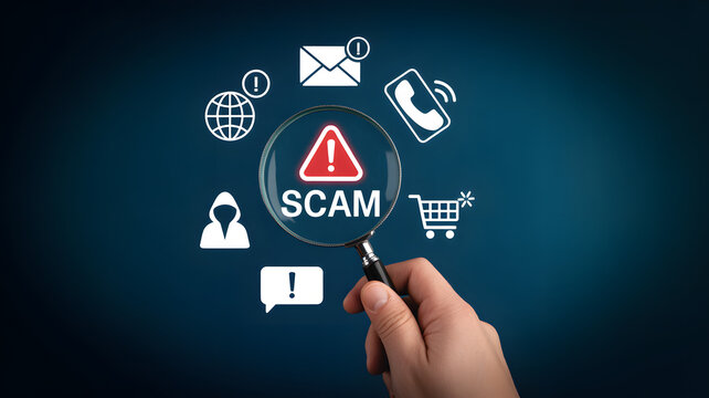 Magnifying glass reveals 'SCAM' warning amidst online threats like phishing and fraud icons