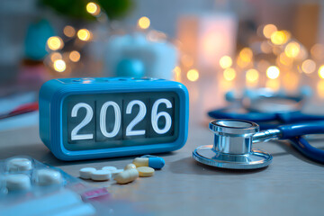 Medical scene with stethoscope, of colorful pills and digital clock showing year 2026, against blurred background of laboratory and Christmas lights.