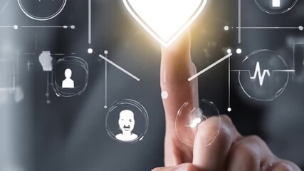 Finger touching digital heart icon representing healthcare technology - Powered by Adobe