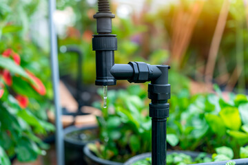 Close-up of a black drip irrigation system fitting and pipe delivering water to plants in a sunny greenhouse.