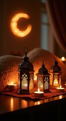 Fototapeta premium Traditional ramadan setup with lanterns crescent moon decor