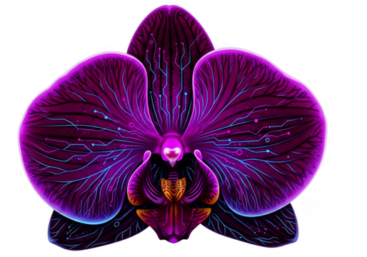 A dark purple orchid flower with circuit pattern isolated on transparent background