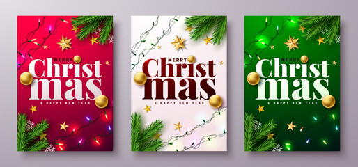 Merry Christmas and Happy New Year Greeting Card Clipart Set with Fir Branch, Light Garland and Typography Lettering on Red, White and Green Background. Vector Holiday Season Design with Decoration