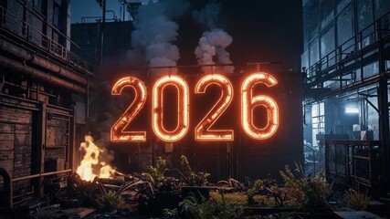 Neon numbers 2026 illuminating polluted future cityscape with smoke and fire. - Powered by Adobe