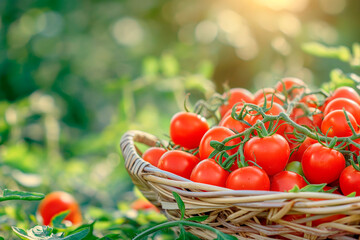 Wicker basket overflowing with fresh, ripe red tomatoes on the vine in a sunny garden or field setting with bokeh.