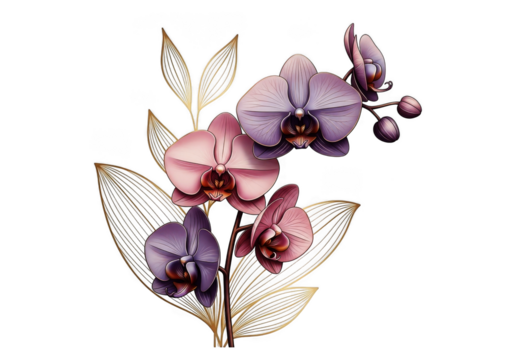 Elegant orchid flowers with golden leaves isolated on transparent background
