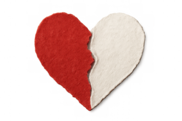 Torn paper heart symbolizing heartbreak and broken relationships, featuring red and white halves on transparent background