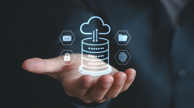 Secure cloud data storage solution with digital security icons presented on open hand
