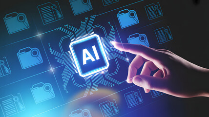 Human finger interacts with glowing AI chip and digital data icons, symbolizing future technology.