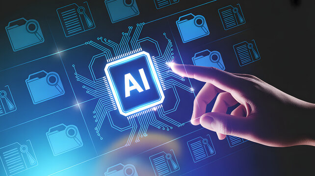 Human finger interacts with glowing AI chip and digital data icons, symbolizing future technology.