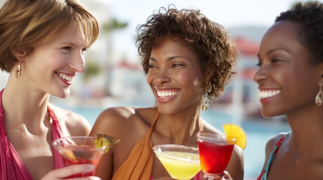 Three joyful friends share laughter and smiles while enjoying vibrant cocktails by a sparkling blue pool. The sunny day adds warmth to their spirited gathering, filled with friendship - Powered by Adobe