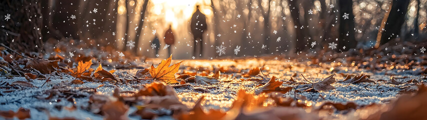 Autumn leaves and first snowflakes settle on a forest trail as hikers pass&mdash;capturing the quiet transition between seasons in warm golden hour light.