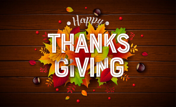 Happy Thanksgiving Greeting Card Illustration with Falling Leaves and Typography Lettering on Vintage Wood Background. Autumn Vintage Vector Design for Seasonal Greeting Card, Party Flyer, Invitation