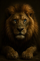Fototapeta premium Hyper-Realistic Portrait of a Majestic Lion with Golden Mane and Blue Eyes