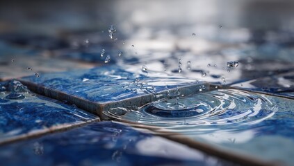 Water droplets impacting and spreading on blue tiles