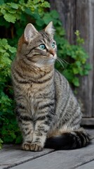 Curled tail Kurilian Bobtail cat relaxes on wooden deck surrounded by greenery in a peaceful garden setting