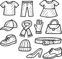 Hand-Drawn Clothing and Accessories Icons – Vector Illustration