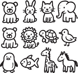 Set of cute animal line art icons with simple hand-drawn style – cartoon wildlife vector illustration