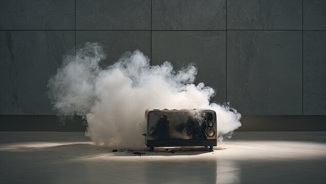 A vintage television set engulfed in smoke