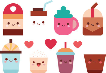 Kawaii valentine drinks vector bundle cute cartoon beverage illustrations scalable eps icons