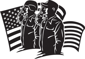 Two American Soldiers Saluting USA Flag. Vector Illustration.