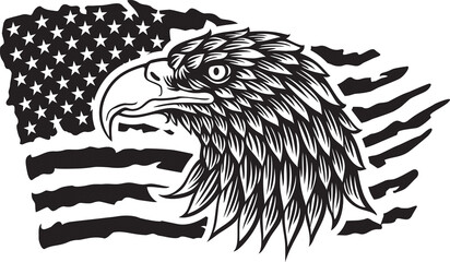 USA Flag and Eagle Head Black and White. Vector Illustration.