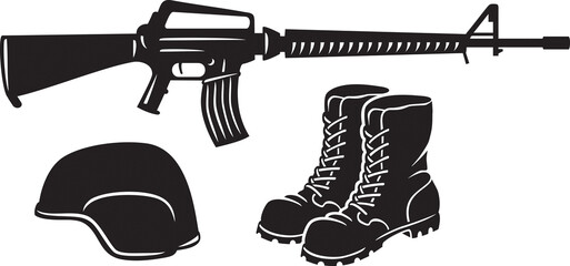 Rifle, Helmet and Boots Black and White. Vector Illustration.