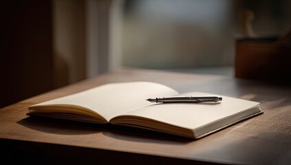 Naklejka premium Open notebook with pen on wooden table