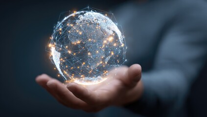 Holographic Earth in hand.  A person holds a 3D representation of the Earth, with a network of lines and glowing points
