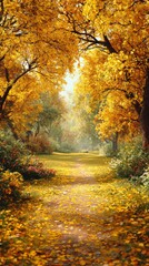 Fototapeta premium A vibrant cast of autumn leaves on a sunlit stage. Commercial image. Subtle shades of fall: a sea of gold and gentle hues. Editorial style. Luxury style.