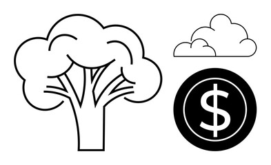 Black and white tree next to a dollar sign and clouds, suggesting environmental concerns and financial growth. Ideal for sustainability, finance, ecology, balance, green energy, environmental policy
