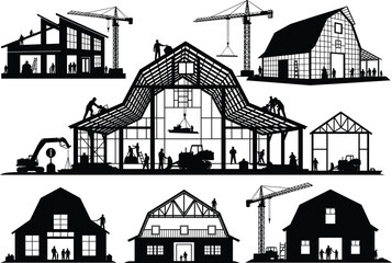 House construction process, building stages, workers, cranes, architecture silhouette, residential development, home framework, construction site, urban housing, black and white vector