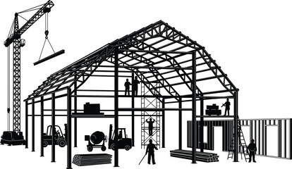 Naklejka premium Industrial construction site silhouette, workers building steel framework, crane lifting beam, forklifts operating, scaffolding setup, warehouse structure development, black and white vector
